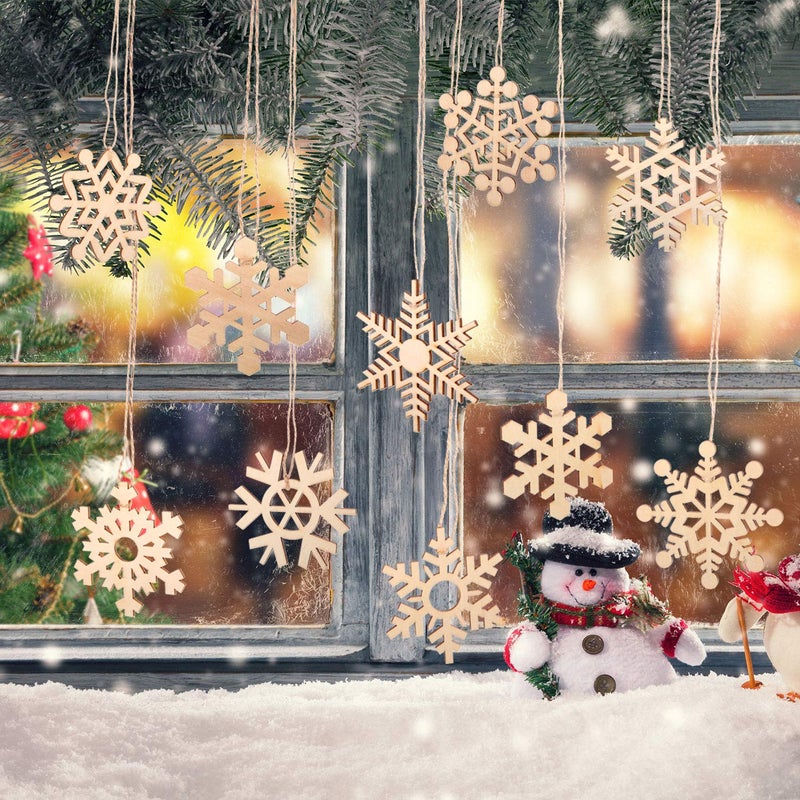 Blulu 50 Pieces Christmas Unfinished Wooden Snowflake Ornaments 3.1 Inch Snowflake Hanging Cutouts Blank Wood Slices with Twine Rope Embellishments for Craft Tree Decorations Winter Party Supplies - Image 4